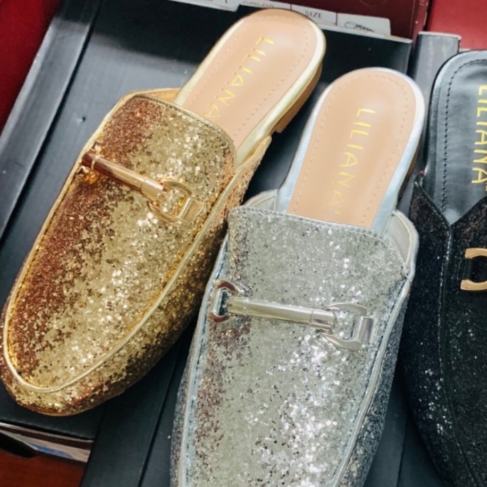 Liliana Gold Glitter Slip On Mules